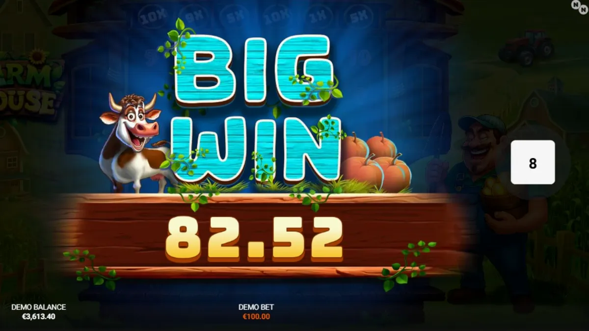 Tampilan visual slot Farmhouse dengan tema peternakan dan grid cluster pays